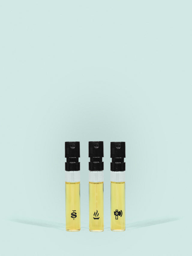 Three vials of Beardbrand Fragrance Samples—Old Money, Temple Smoke and Tree Ranger.